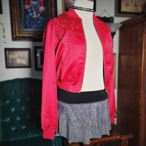 Guess Los Angeles Satin Bomber Jacket Red Cherry Blossom Embroidered Women XS